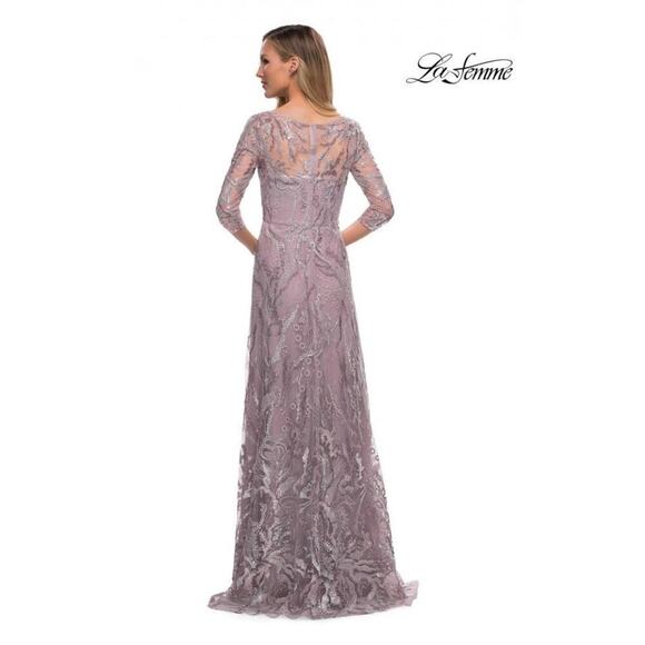 La Femme 29233 Embroidered A-line Gown Icy Mauve Sheer Sleeve Size 12 NWOT - Picture 3 of 12